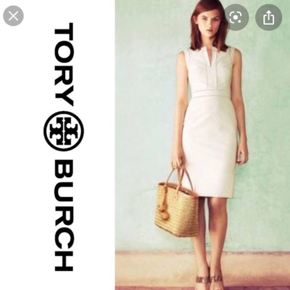 TORY BURCH white structured suiting dress with gold piping, flattering a line
